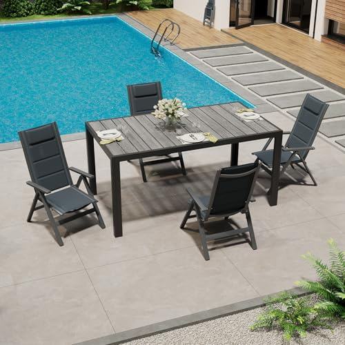TRIUMPHKEY Aluminium Gartenmöbel 4+1, Gartenmöbel Set mit 1 150 cm PS Gartentisch und 4 klappstuhl, mit Verstellbarer Rückenlehne, Wetterfeste Terrassenmöbel, für Garten Terrasse Balkon, Dunkelgrau