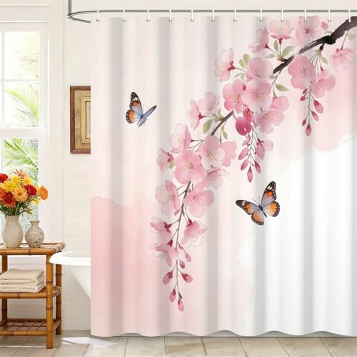 Kzzfqxb Tende da doccia floreali 180x200cm con ganci in plastica, Fiori rosa rami di pesco con farfalle volanti, Impermeabile tessuto in poliestere per vasca, Decorazione bellissima per ragazze bagno