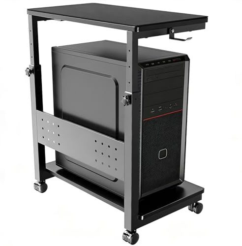 Computer Tower Ständer mit Rollen - Höhenverstellbar von 50.5 cm bis 80.5 cm, 2 stöckiger PC Ständer mit Rollen und Maus Pad, Max. Belastung pro Ebene 40 kg für Gaming, Büro, Zuhause, Schwarz