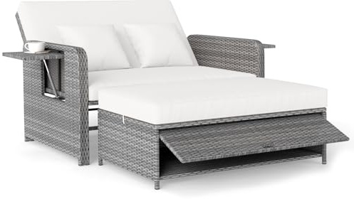 COSTWAY Polyrattan Sonnenliege, Gartenliege mit Verstellbarer Rückenlehne & ausklappbarem Seitenablage, Loungebett, Doppelliege mit Auflage, Gartensofa mit Liegefunktion für Garten, Balkon (Weiß)