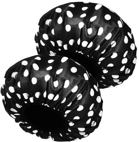 2 Pcs Dots Pattern Shower Caps with Elastic Band for Adults | Satin, Peva and Microfiber Layers, round Simple Elegant Design for Travel and Cleaning