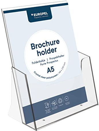 EUROPEL Leaflet & Brochure Holder For A5 Size Literature Crystal Clear Acrylic Construction Booklet, Flyer & Menu Display & Dispenser For Office, Restaurants & Reception Portrait Clear