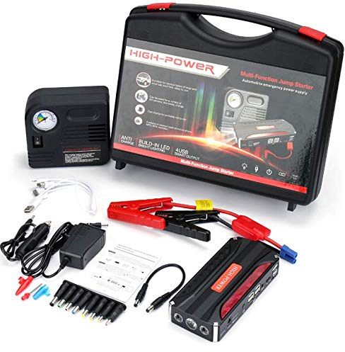 HelpAccess-Germany Avviatore di Emergenza per Auto con capacità 16000mAh Jump Starter con 600A Corrente di Picco,Batteria Auto Diesel|Torcia LED/4 Porte USB, in Regalo Un Compressore per Automobili