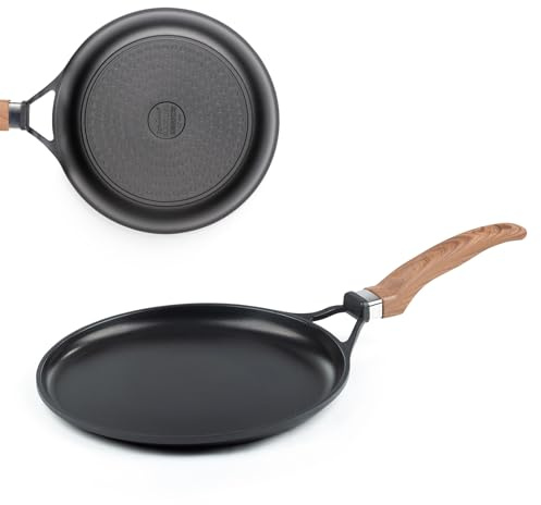 ROSMARINO Aluguss Crepespfanne für Induktion - Preisgekröntes Antihaftbeschichtung entiwickelt in Deutchland - Aluminiumguss Pfannkuchenpfanne mit Glatt Mineral Beschichtung (Black Line)