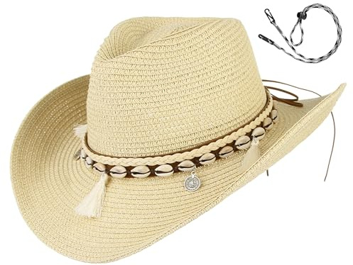 GEMVIE Women's Summer Straw Cowboy Cowgirl Hat Sun Hats Wide Brim Beach Holiday Straw Hat with Shell Band