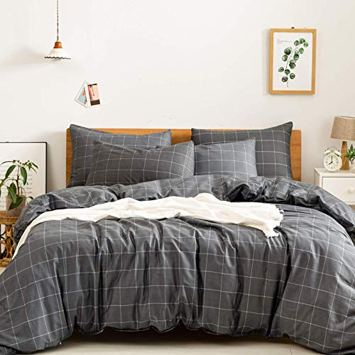 JELLYMONI 100% Natural Cotton 3pcs Plaid Duvet Cover Sets, Black with White Grid Geometric Pattern Printed Comforter Cover,with Zipper Closure & Corner Ties(King Size)