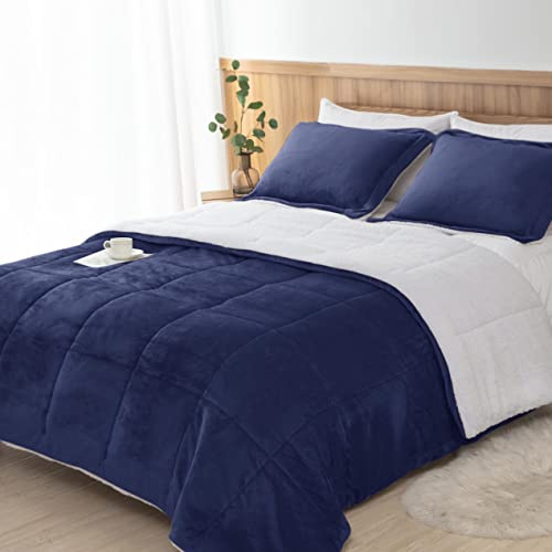 Seward Park Navy Blue Sherpa Comforter Set Full Queen Size, All Season Soft Warm Fleece Spring Blanket, Winter Bedding Sets with 2 Pillow Shams