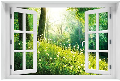 Wallario Wandbild aus Acryl, 60 x 90 cm mit Fensterrahmen, freischwebende Optik - Pusteblumen im Wald mit einfallenden Sonnenstrahlen mit Fenster-Illusion