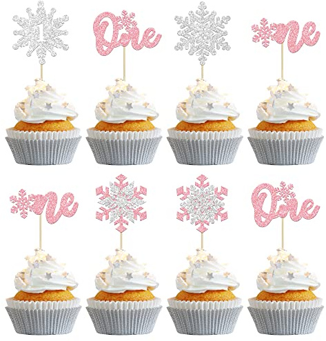 Gyufise 24 Stück Schneeflocke One Cupcake Topper rosa Glitzer Mädchen Schneeflocke Cupcake Pick Dekorationen für Winter Onederland 1. Geburtstag Mädchen Winter Wonderland Dekorationen