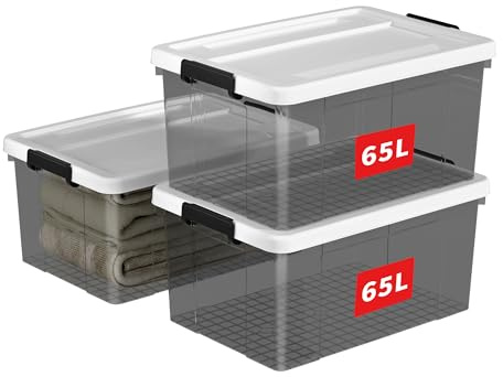 Cetomo 65L*3 Caja de Almacenamiento, Caja de Plástico con Tapa y Cierre Seguro, Contenedor de Almacenamiento Grande, Duradera, Apilable, Resistentes, Negro Transparente, Paquete de 3 de 65L