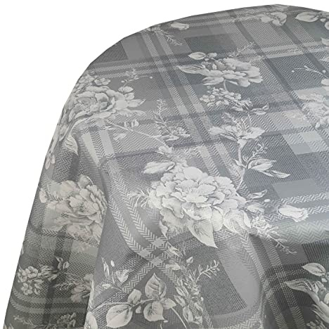Wachstuch Wachstischdecke Tischdecke Robust Grau Karo Blumen Oval 130 x 180 cm Gartentischdecke abwaschbar