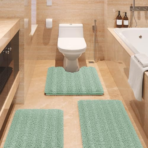 ACCUMTEK Tauso Striped Sage Green Bathroom Rug Set 3 Pieces Ultra Soft, Non Slip Chenille Toilet Mat, Absorbent Plush Shaggy Bath Mats for Bathroom, Bedroom, Kitchen