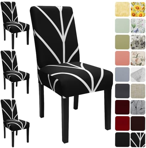 Keyroal Dining Room Chair Covers Set of 4, Stretch Printed Parsons Chair Slipcovers Spandex Removable Washable Kitchen Chair Protector Cover for Dining Room, Hotel, Ceremony(Black)