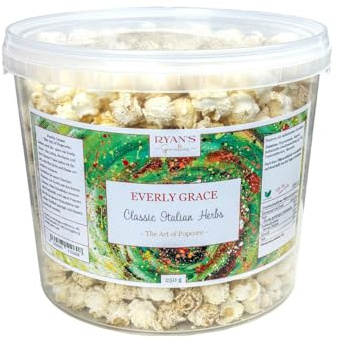 Everly Grace Popcorn – Classic Italian Herbs, 250 g – Seau de popcorn aux herbes italiennes de notre manufacture à Augsbourg, Allemagne