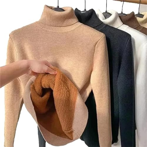 JOCCOS Winter Fleece Thick Knitted Bottoming Shirt, Women Casual Thick Turtleneck Sweater Soft Thermal Slim Bottoming Sweater (Khaki,S(40-48kg))