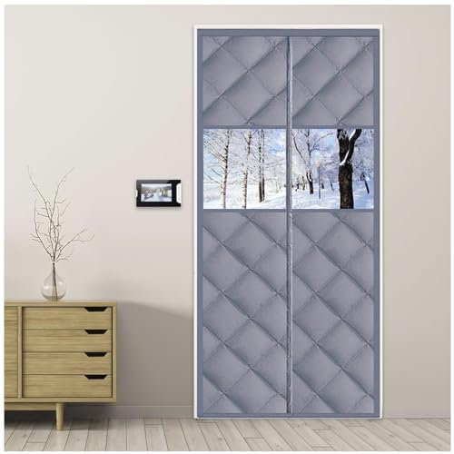 DXDRT Magnet Thermo Türvorhang Kälteschutz mit Sichtbarem Fenster, Winddicht Wasserdicht Wärmeschutzvorhang für Tür im Winter Isolierschutzvorhang Gegen Kälte Hitze,Grau,WxH 120X220CM