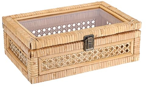 Hipiwe Rattan Display Box with Clear Lid Rectangular Wicker Storage Basket Bin with Metal Secure Latch Handwoven Natural Rattan Decorative Box Small Shelf Organizer Basket for Snacks Remotes