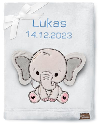 Be Mammy Personalisierte Babydecke mit 3D Applikation Warme Kuscheldecke mit Namen und Geburtsdatum; Perfektes Baby Geschenk; Blanket; Krabbeldecke BE20-280 (Hellgrau - Elefant)
