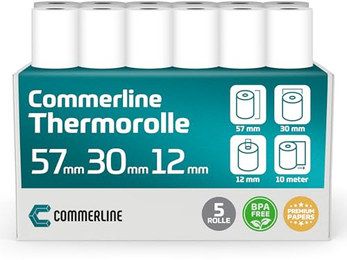 Commerline termopappersrullar 57 x 30 x 12, 10 meter, 5 rullar, Ec-rullar, kvittorullar Ec-enhet, termopapper, kassarullar