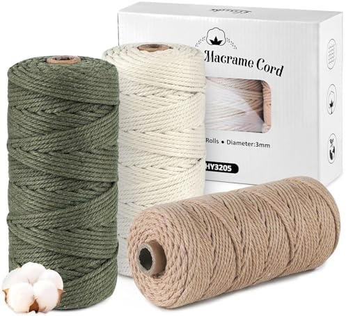 ilauke 3 filati macramè, 3 mm x 100 m, filo di cotone macramè, set di filati di cotone verde, marrone chiaro, beige, corda di cotone naturale, per lavori a maglia, boho, decorazione da parete