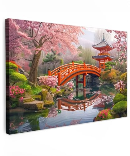 MuchoWow© Impressions sur Toile Deco Tableau Murale Decoration Salon | 120x80 cm - Peinture Tableaux Chambre Toiles Maison Jardin japonais - Fleurs de cerisier - Sakura - Japon