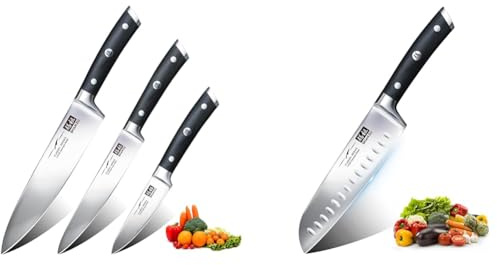 SHAN ZU Juego de 3 Piezas de Cuchillos de Cocina, de Chef de Acero Inoxidable Alemán & Cuchillo Santoku Japones, Cuchillos de Cocina Profesionales 18cm, 7 ''Cuchillo Chef de Acero