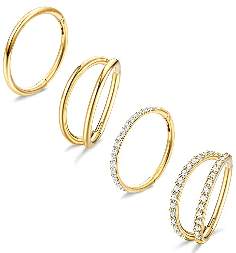 Dochais 4 Stück Nasenring Edelstahl, Nasenpiercing, Hoop Nose, Helix Set, Daith, Septum Ringe, Hoop Ohrringe für Damen Männer Gold 10mm 16G