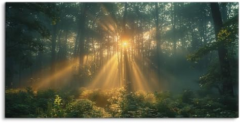Paul Sinus Wandbild auf Leinwand in 120x60cm Wald Sonnenstrahlen Natur Mystisch Licht Bäume Leinwandbild