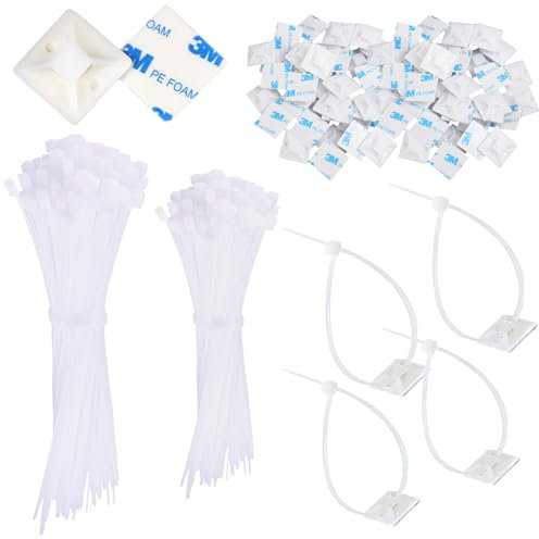 Juego de 200 bridas de cable blancas,Organizador de cables autoadhesivo,Juego Soportes de Cable,montaje sujetacables autoadhesivos cables (longitud de 15cm y10cm, ancho de 2cm）