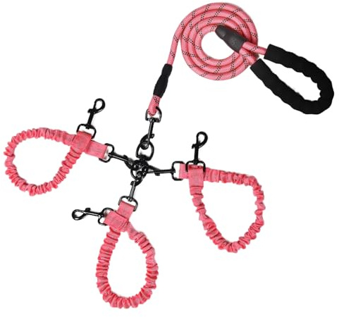 Dog Double Leashes,Rope Bungee Three Leash with Padded Handle Removable for 3 Dogs,Tangle-Free, Padded Handles, 360° Swivel Control (Pink, 3 Way)