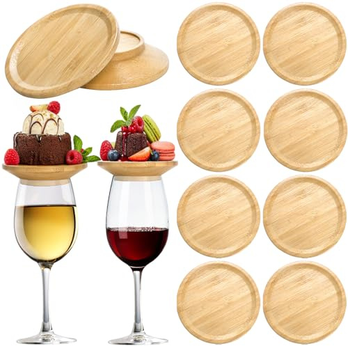 ZEAYEA 10 Pcs Wine Glass Charcuterie Topper, Glass Topper Coasters Plate, Bamboo Round Wine Glass Covers, Charcuterie Plates Boards for Wine Glass, Family Gathering, Bar, Restaurant, Christmas Party