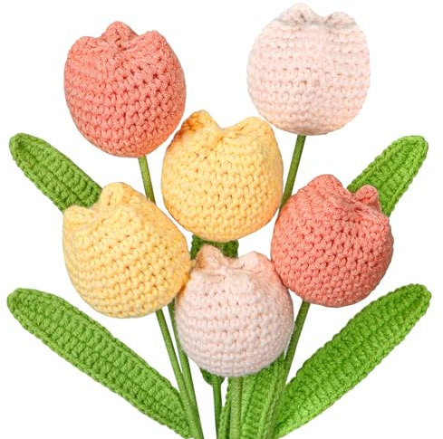 DEMIUKO Lot de 6 Tulipes au Crochet Fleurs Artificielles Bouquet de Fleurs Crocheted Plantes Faux Tissées Tulipes Florales Tricotées Cadeau pour Amis Famille Bureau Vase Maison Décoration Pastel