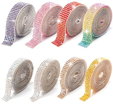 Sxutop 8 Rollos Cinta Diamantes Adhesiva Rollo de Cinta Autoadhesiva Brillante Cristal cinta de Diamantes de Imitación para Manualidades Ropa Decoración (8 Colores, 1 Yarda/Rollo, 4/6 Filas)