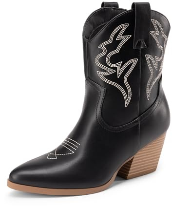 DREAM PAIRS Stivali da cowboy da donna ricamati con cuciture corte in stile western, tacco basso grosso, punta a punta, stivaletti alla caviglia