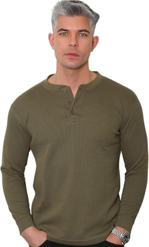 Long Sleeve Henley T Shirt Mens - Grandad Shirt Mens Tops Casual Waffle Knit Button Shirt 2208 (UK, Alpha, 3XL, Regular, Regular, Khaki)