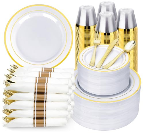 BESTVIP 700PCS Gold Plastic Dinnerware Set for 100 Guests, Disposable Plates for Party, Include: 200 Plastic Plates, 100 Pre Rolled Napkins with Gold Silverware, 100 Cups for Christmas, Halloween