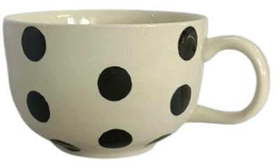 b2see Taza de café grande de cerámica, 500 ml, diseño de lunares, color blanco y negro, hecho a mano (puntos negros sobre crema y blanco)