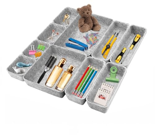 Veftsvy schubladen organizer, Stapelbare Filz-Aufbewahrungsboxen – Vielseitiges Ordnungsystem für Schreibtisch, Kommode, Kleiderschrank & Nachttisch – Hellgrau, 10er-Set