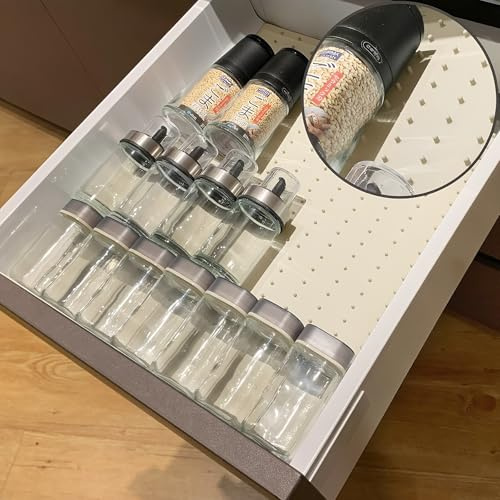 Gosmol Spice Drawer Organizer Insert - Silicone Spice Drawer Liner Pearl | Adjustable non-slip liner organizer; in-drawer spice rack for seasoning jars, spice bottles, flat kitchen drawer organizer