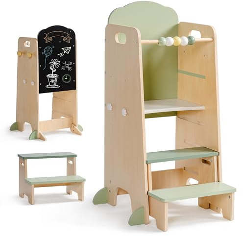 ROBUD Toddler Tower Adjustable Kitchen Stool Helper with Chalkboard, Hooks and Anti-Tip Design, Movable Kids Step Stool with Cute Safety Rail, Montessori Activity, Morandi Green