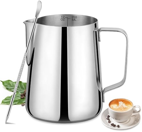 12oz Milk Frothing Pitcher Stainless Steel Steaming Jug with Latte Pen | Food-Grade 304 Steel with Internal Measuring Scale, Heatproof Handle, Perfect for Latte Art, Cappuccino & Home Barista Use