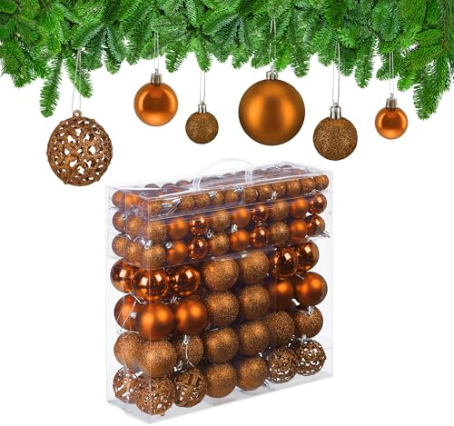 Relaxdays Christmas Baubles Set of 150, Glittering & Matte Tree Ornaments, Plastic, 3-6 cm, Orange
