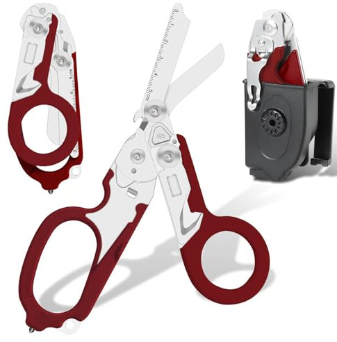 Trauma Schere Multitool Rettungsschere mit 6 Praktischen Funktionen Faltbare Scherenzange aus Edelstahl-Ideal für Professionellen Einsatz Im Rettungsdienst Oder Alltägliche Aufgaben, Rot