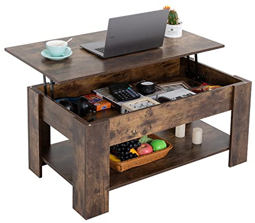 FDW Coffee Table with Lift Tabletop Hidden Compartment and Storage Shelf Wooden Lift Top Coffee Table for Home Living Room Reception Room Office,Brown