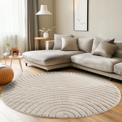 Carpettex Wohnzimmer Teppich Rund 120 cm Creme Hochflor Skandi Boho Design Hoch-Tief Effekt Weicher Shaggy Langflor Flauschig Pflegeleicht Modern für beistelltisch