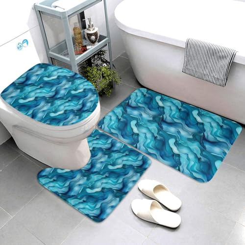 Nevjipu Set di 3 tappeti da bagno con stampa verde con texture assorbente, antiscivolo, lavabili, copriwater a forma di U, tappetino per contorno WC, tappetino per doccia, tappetino da bagno per WC e