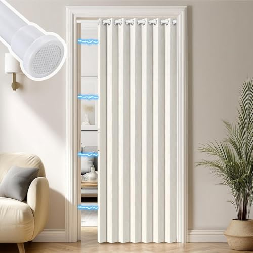RINHARTEX Blackout Folding Door Curtain With Rod, Magnetic Accordion Door Interior, Sliding Door for Closet Pleated Concertina Doorway Curtain Room Divider Bedroom Living Room(46x79, Cream White)