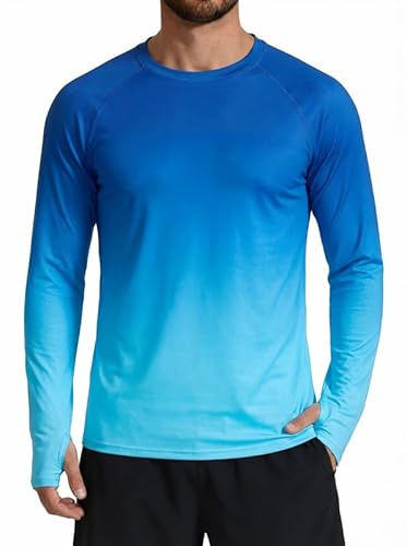 XiaoMoSha Rash Guard Mens UPF 50+ Sun Protection Rash Vest Long Sleeve Swimming Tops Quick Dry Sun Shirt Light Weight Breathable T-Shirt for Running Sport Fishing Hiking, M, Blue Gradient