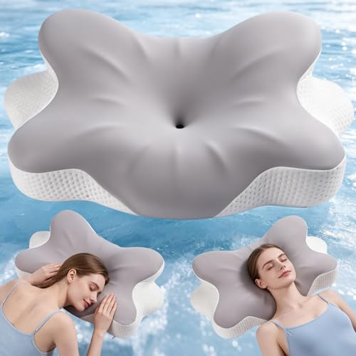 YOOULIT Cuscino cervicale a forma di nuvola grigio, ergonomico in memory foam, cuscino ortopedico per dormire sul fianco, schiena e stomaco, cuscino cervicale con fodera rimovibile e lavabile