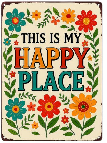 KIPTVO This Is My Happy Place Metal Sign, Retro Tin Garden Art, Outdoor Wall Decor Plaque for Yard Patio, 30x20cm Vintage Welcome Sign, Metal Garden Signs, Outdoor Wall Art